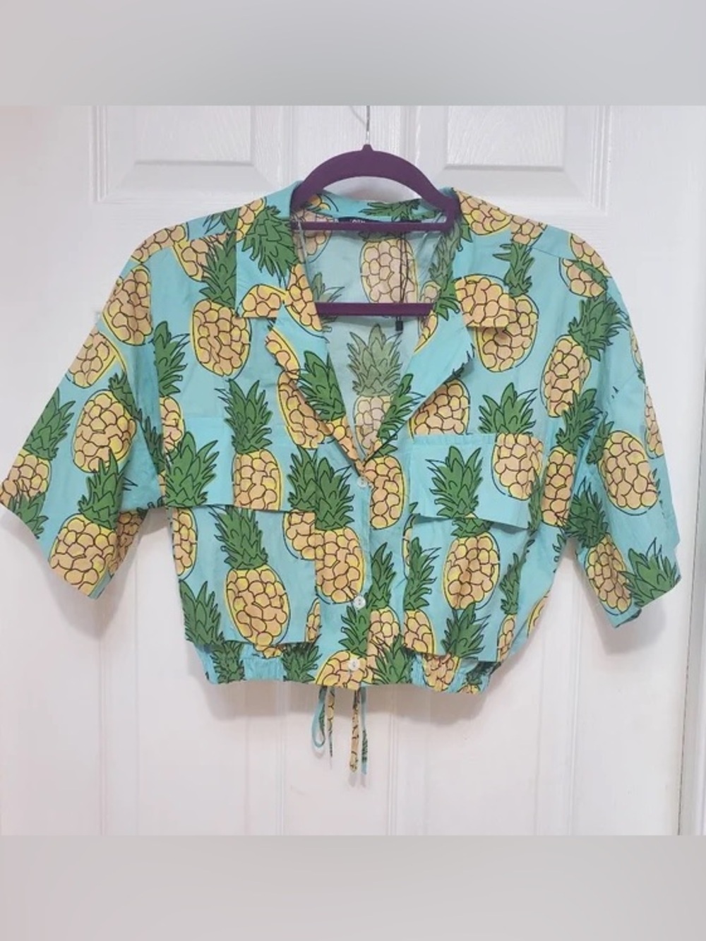 🌸2 for 30🌸 Zara Pineapple-Print Cropped Button-Up Top - Aqua & Yellow